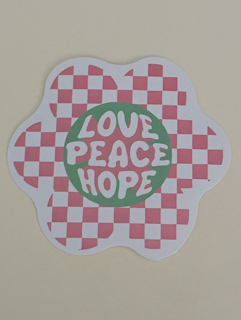 10/$10 Stickers - Love Peace Hope - Green Circle & Pink Checkered Flower